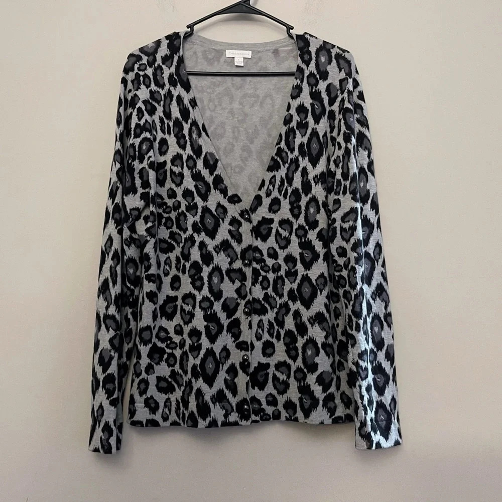 Charter Club animal print gray & black cardigan sweater classic office teacher